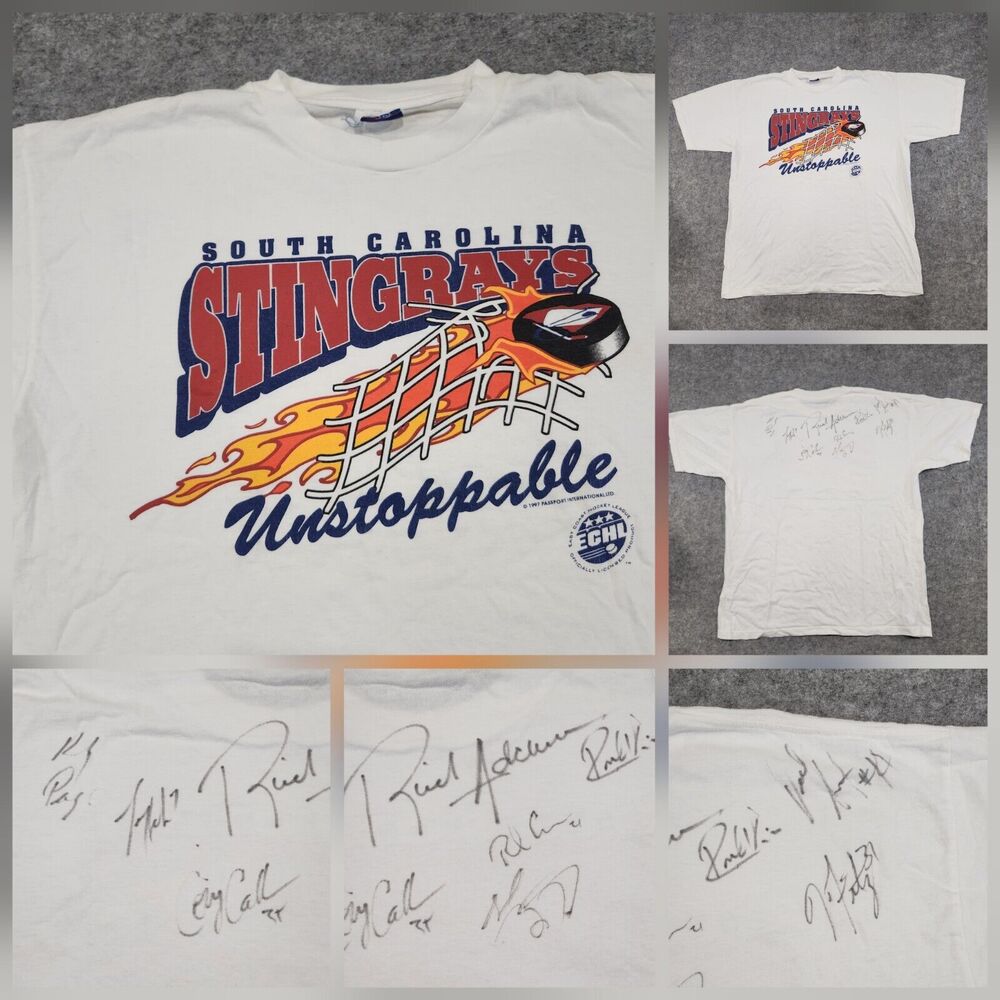 VTG 90s South Carolina‎ Stingrays Mens ECHL Hockey Team Signed Autograph T Shirt